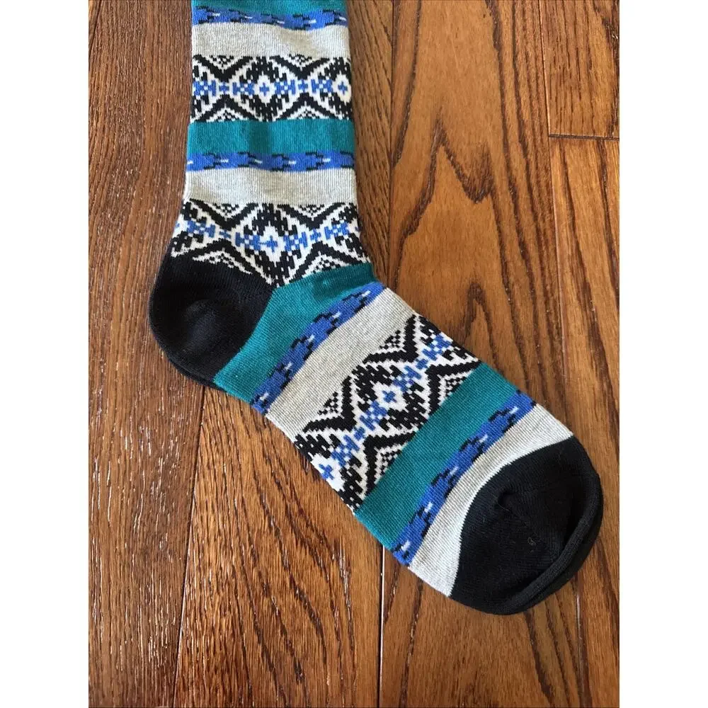 Florsheim Shoe Company Mens Fair Isle Geometric Crew‎ Socks Teal Blue Black 8-13